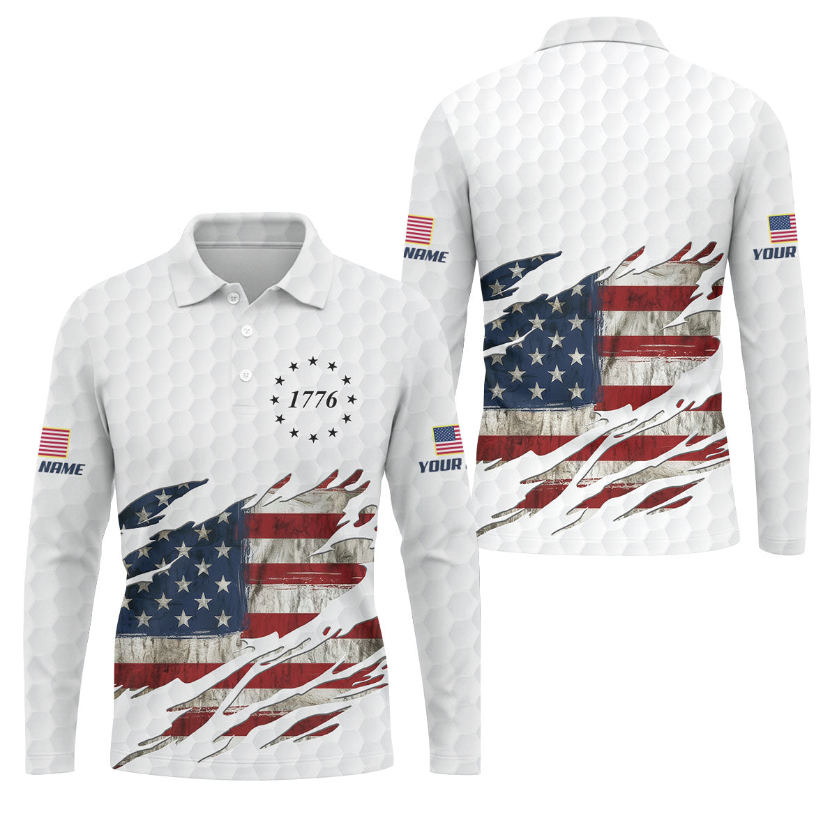 American Flag 1776 Golf Ball Pattern Golf Shirts For Men, 250th Anniversary Polo Shirt Men