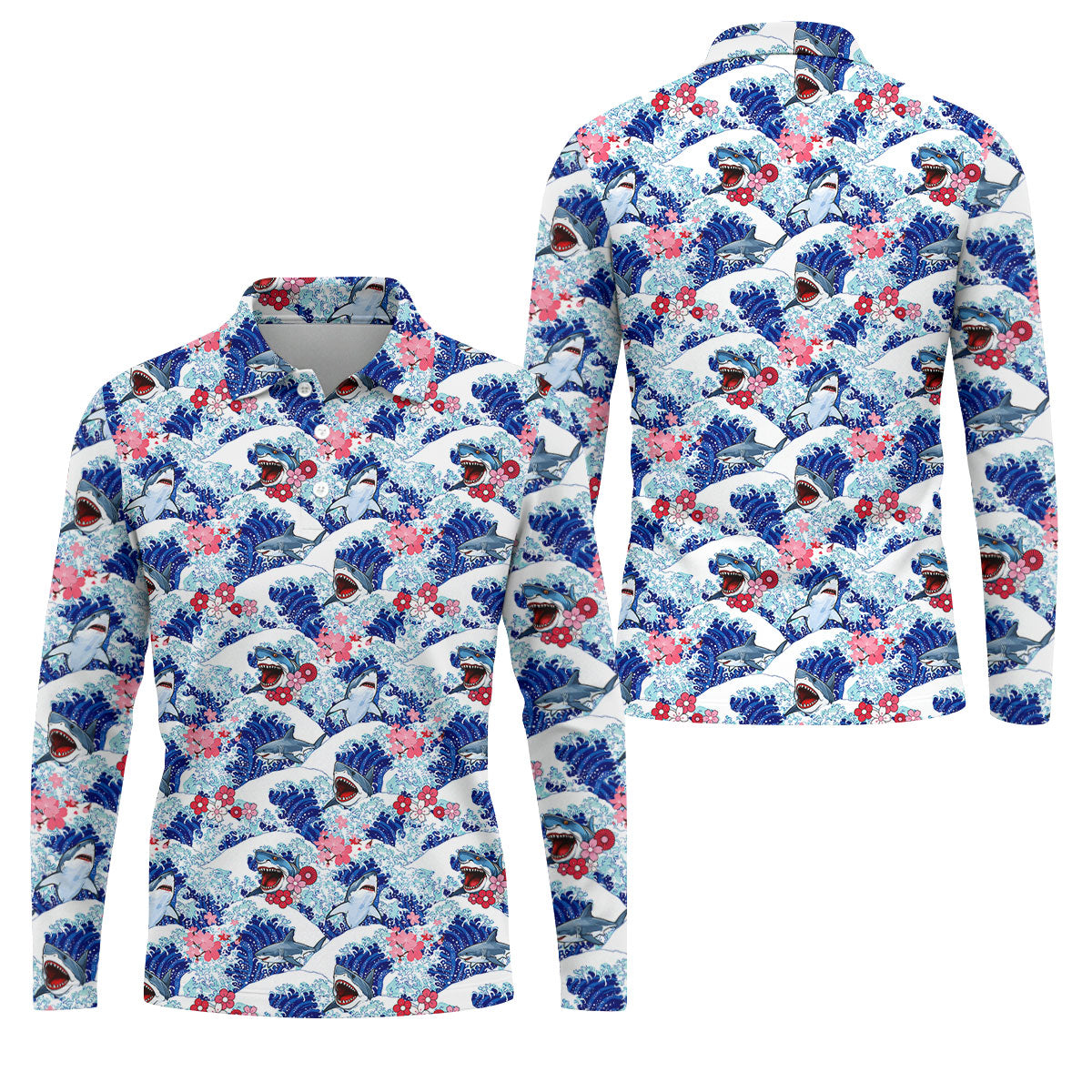Funny Shark Japanese Wave Hawaiian Golf Shirt, Men's Golf Shirt, Polo Shirts For Men