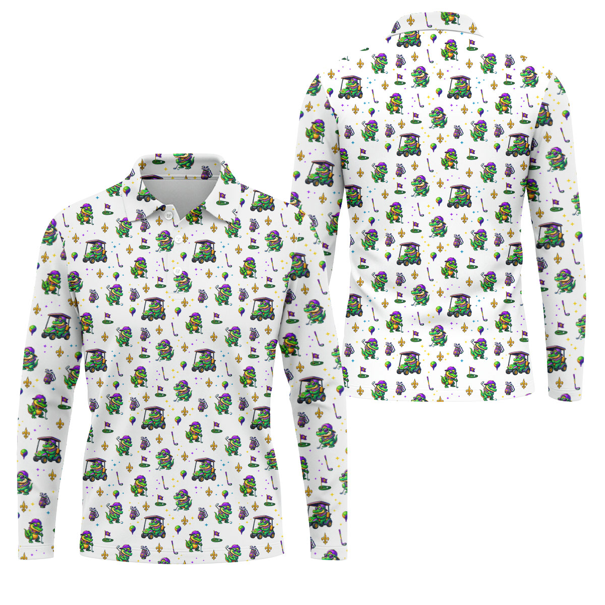Funny Crocodile Golfing Mardi Gras Golf Shirts, White Golf Shirt, Golf Gift For Men, Golf Shirts For Men