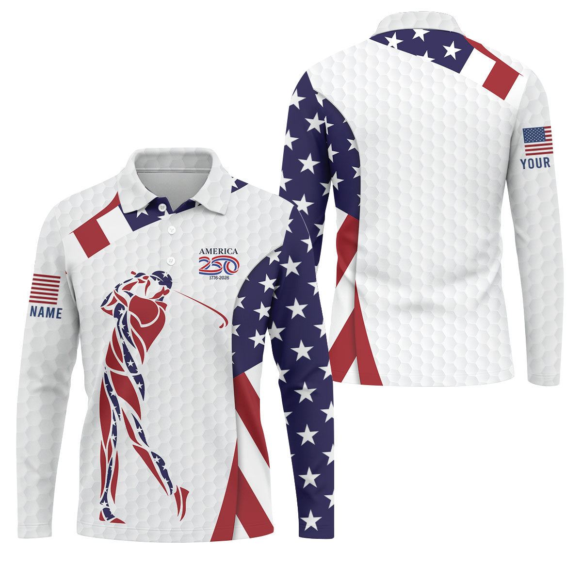 America 250 Golfer Pose Golf Ball Pattern 4th Of July Golf Shirt, Patriotic Golf Shirt, Golf Shirts For Men