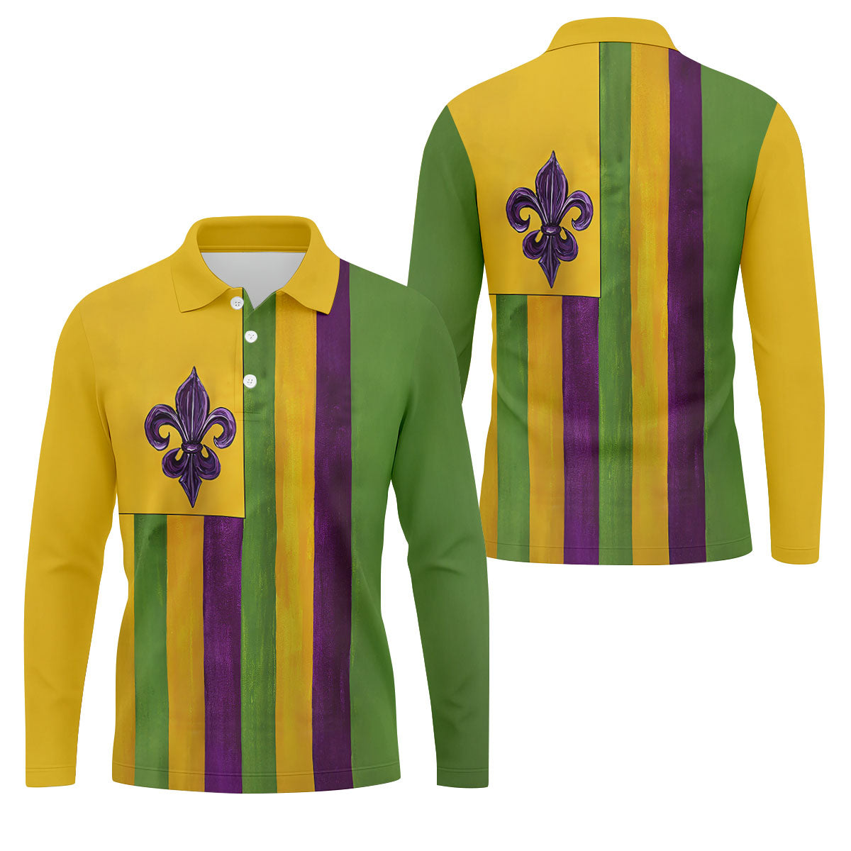 Purple Green Gold Vertical Stripes Fleur De Lis Flower Mardi Gras Golf Shirt, Polo ShirtFor Men, Golf Shirts For Men