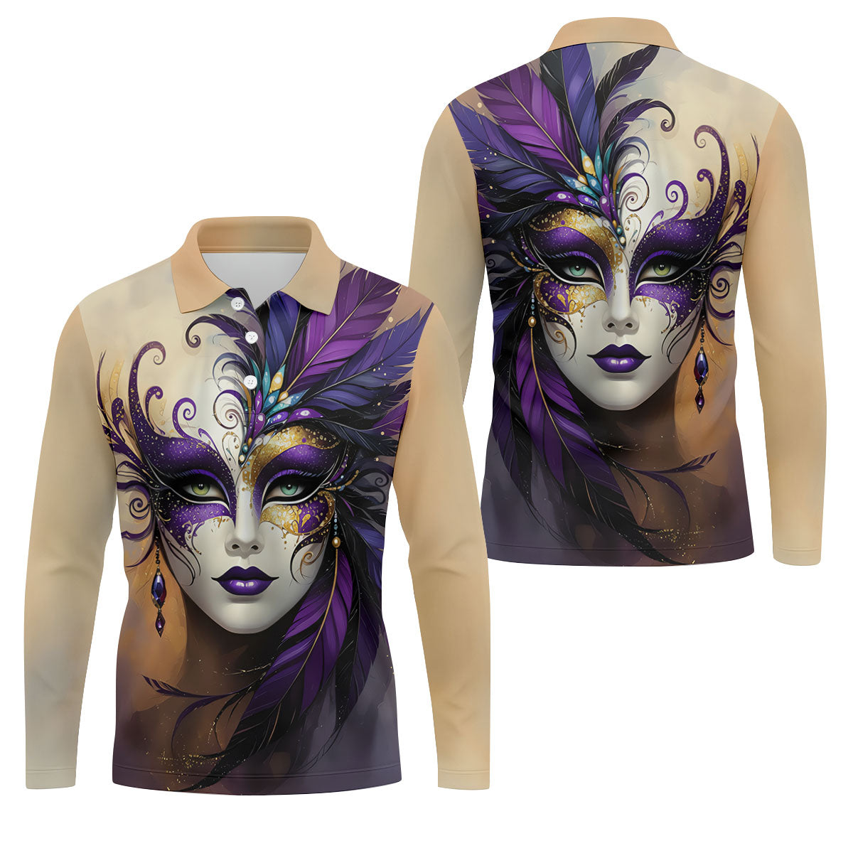 Feather Mask Mardi Gras Golf Shirt, Purple And Beige Golf Shirts For Men, Polo ShirtFor Men