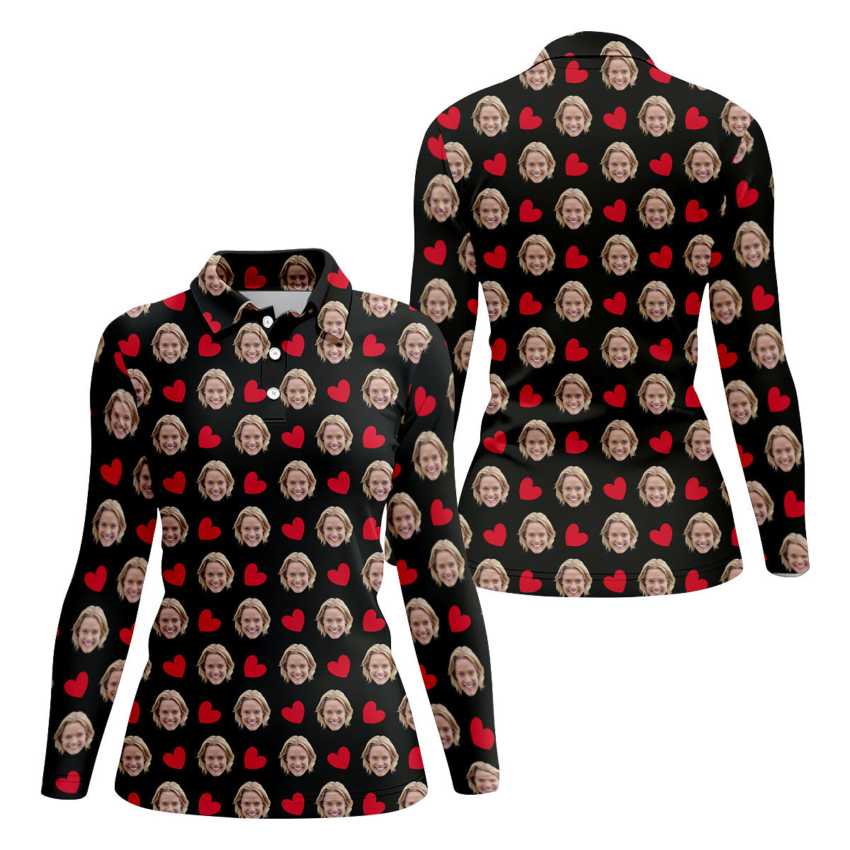 Custom Face Red Heart Pattern Black Golf Shirt, Cute Golf Outfit, Ladies Golf Shirts, Golf Gifts For Women