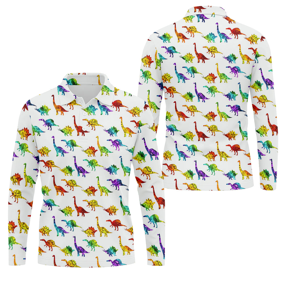 Colorful Dinosaur White Golf Shirt, Golf Tops For Men, Golf Shirts For Men, Polo ShirtFor Men