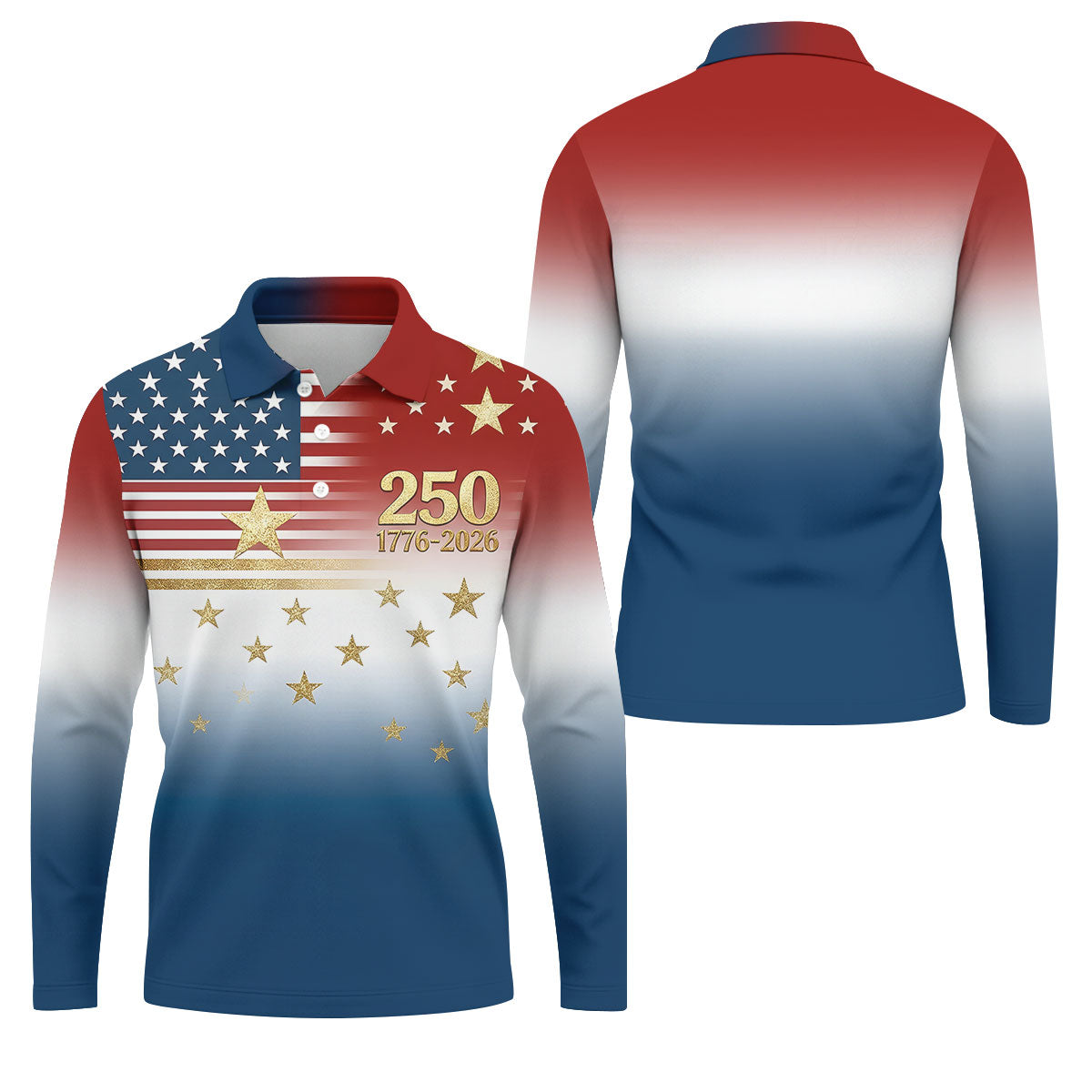250 Years 1776-2026 Golden Star Golf Shirts For Men, Patriotic 4th Of July Polo ShirtFor Men