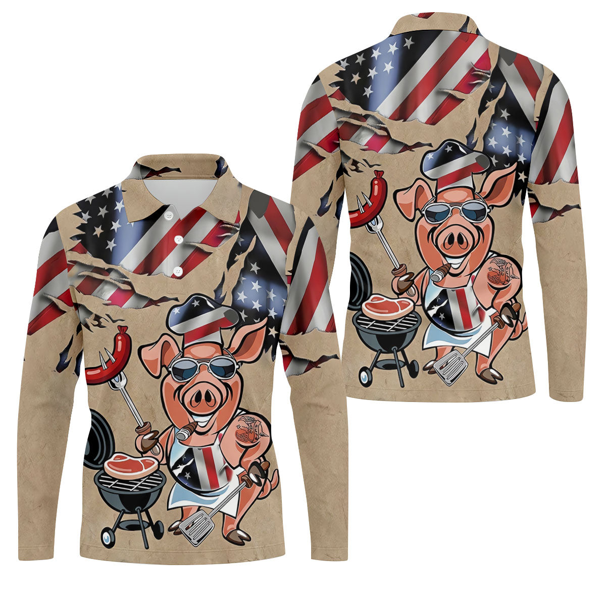 Patriotic American Flag Funny BBQ 250th Anniversary Dark Beige Polo ShirtFor Men, Golf Shirts For Men