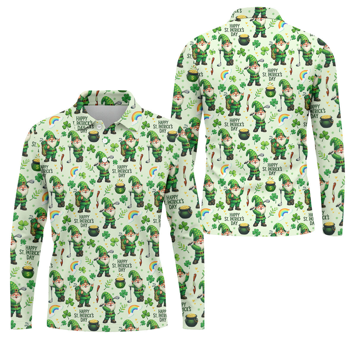 Happy St Patrick's Day Gnomes Shamrock Golf Shirt, Men's Funny Golf Shirts, Golf Shirts For Men