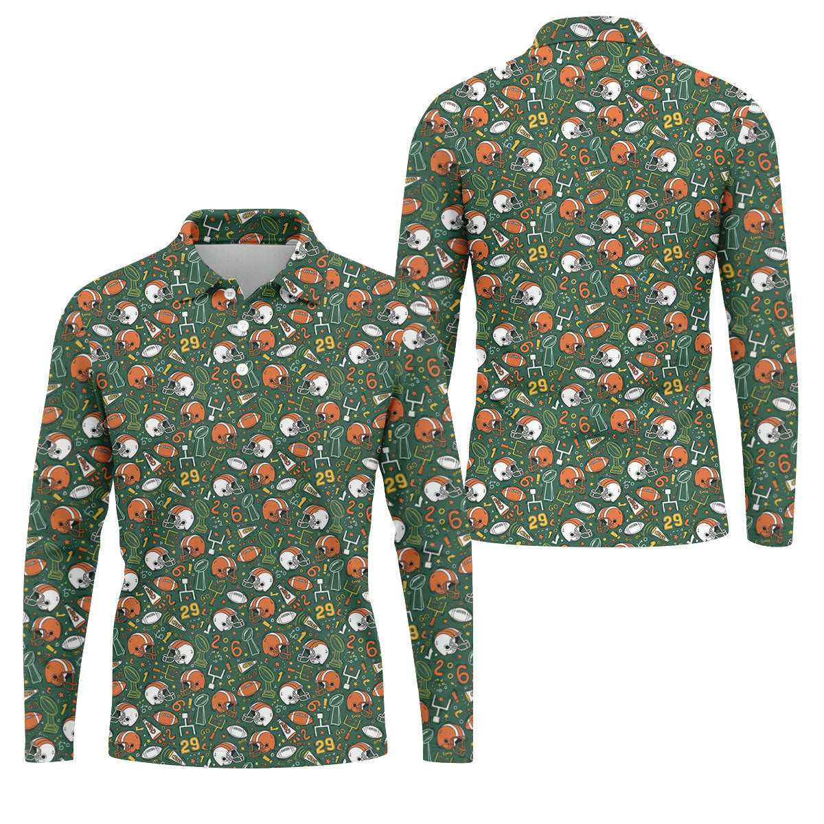 Orange And White Football Helmet Trophy Pattern Green Men Polo, Game Day Football Theme Polo For Men