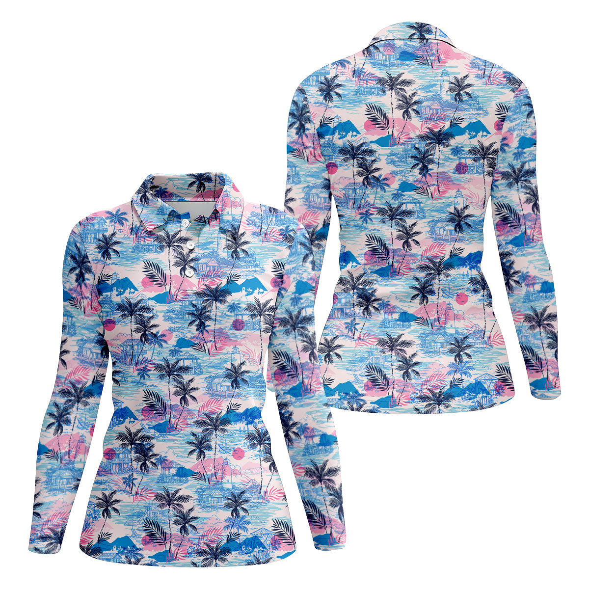 Tropical Island Sunset Pink And Blue Hawaiian Golf Shirt, Golf Shirt For Women, Golfing Apparel