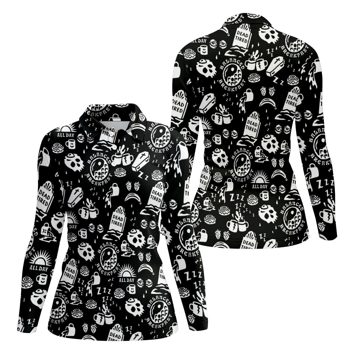 Dead Tired Coffee Breakfast Pattern Golf Shirt, Women's Golf Tops, Golf Shirts For Women