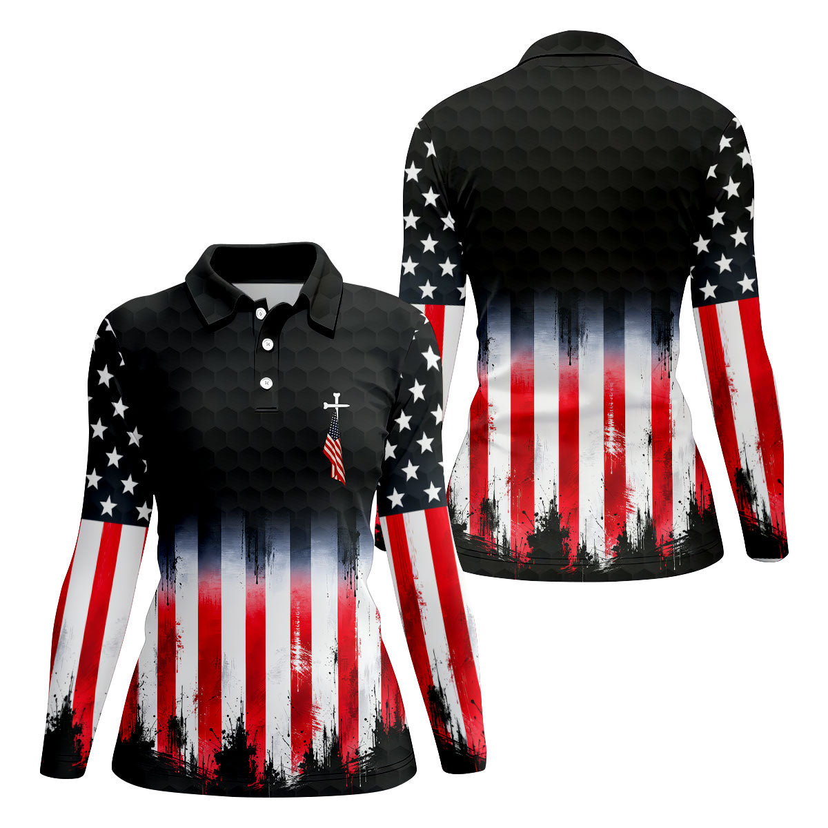 Faith Cross American Flag Patriotic Golf Ball Pattern 4th Of July Golf Shirt, 250th Anniversary Golf Shirt For Women