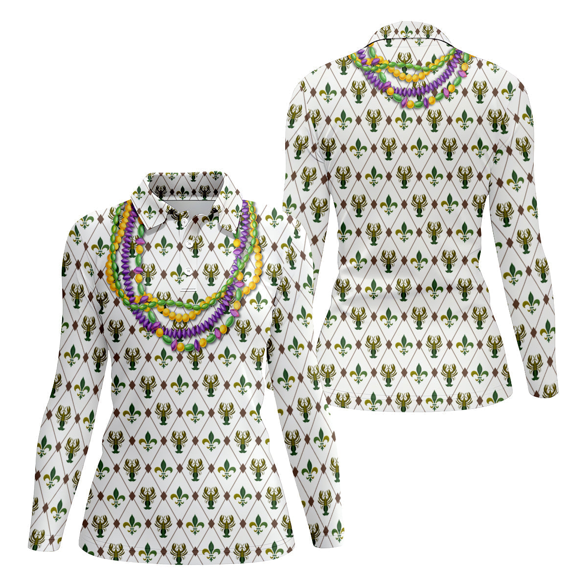 Mardi Gras Purple Green Gold Beads Chain Fleur De Lis Argyle Pattern White Golf Shirt, Women's Golf Tops