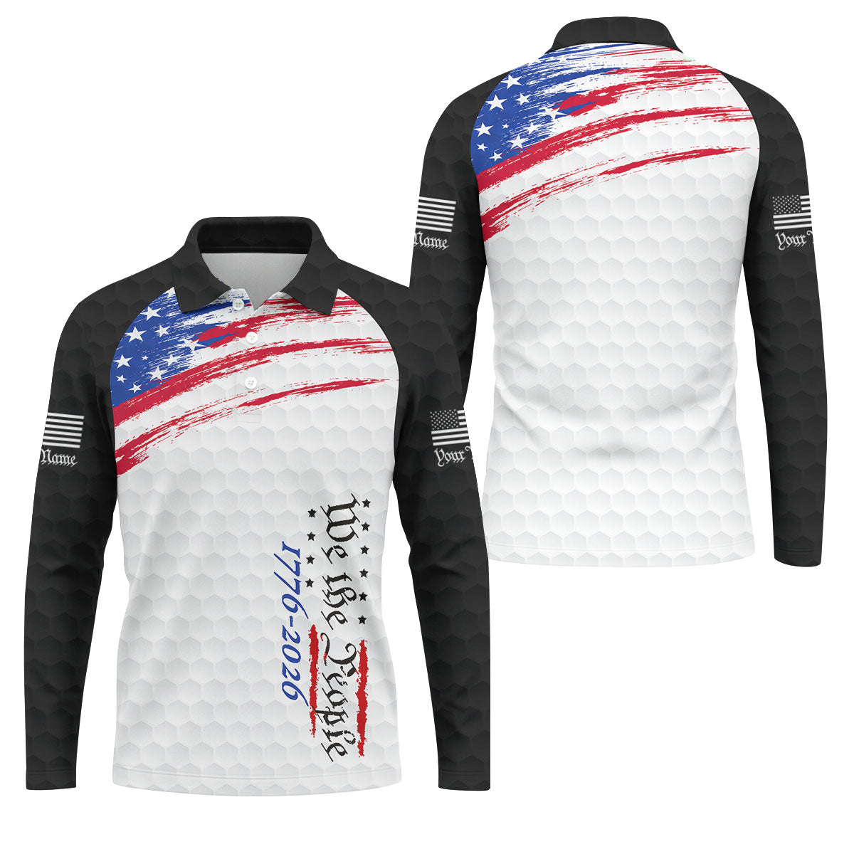 We The People 1776-2926 American Flag Brush Black Golf Shirt, 250 Years Patriotic 4th Of July Golf Shirts For Men