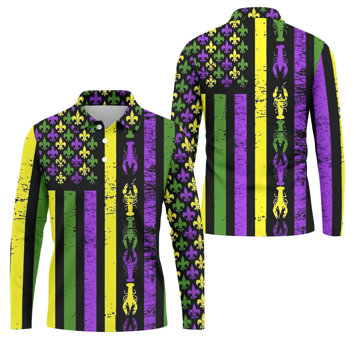 Mardi Gras Flag Fleur-De-Lis Symbol Crawfish Pattern Golf Tops For Men, Polo ShirtFor Men, Golf Shirts For Men