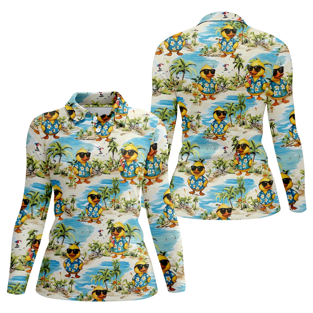 Cute Funny Duck Hawaiian Golf Shirt, Beach Theme Women's Golf Tops, Ladies Golf Shirts