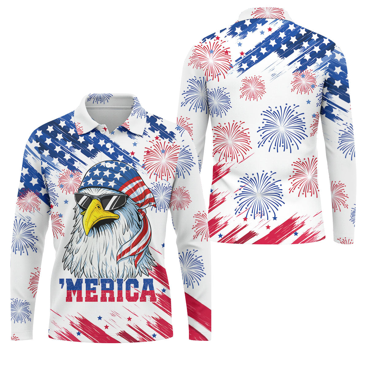 Cool Bald Eagle 4th Of July American Flag Pattern Golf Shirts For Men, 250th Anniversary Patriotic Golf Shirt