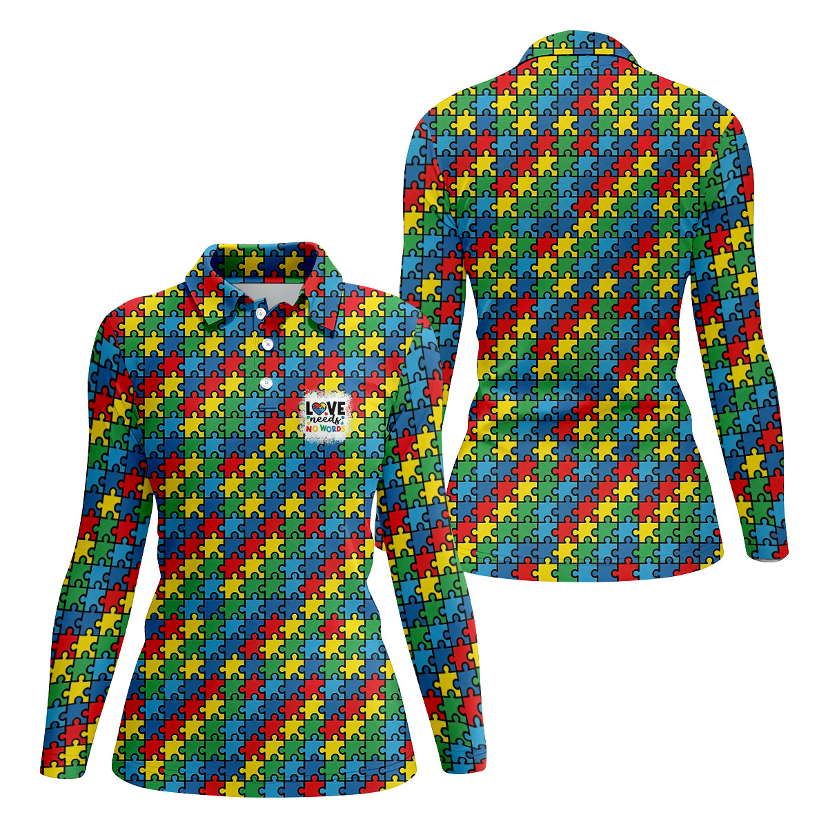 Love Needs No Words Autism Awareness Jigsaw Puzzle Pieces Golf Shirt For Women, Ladies Golf Polos