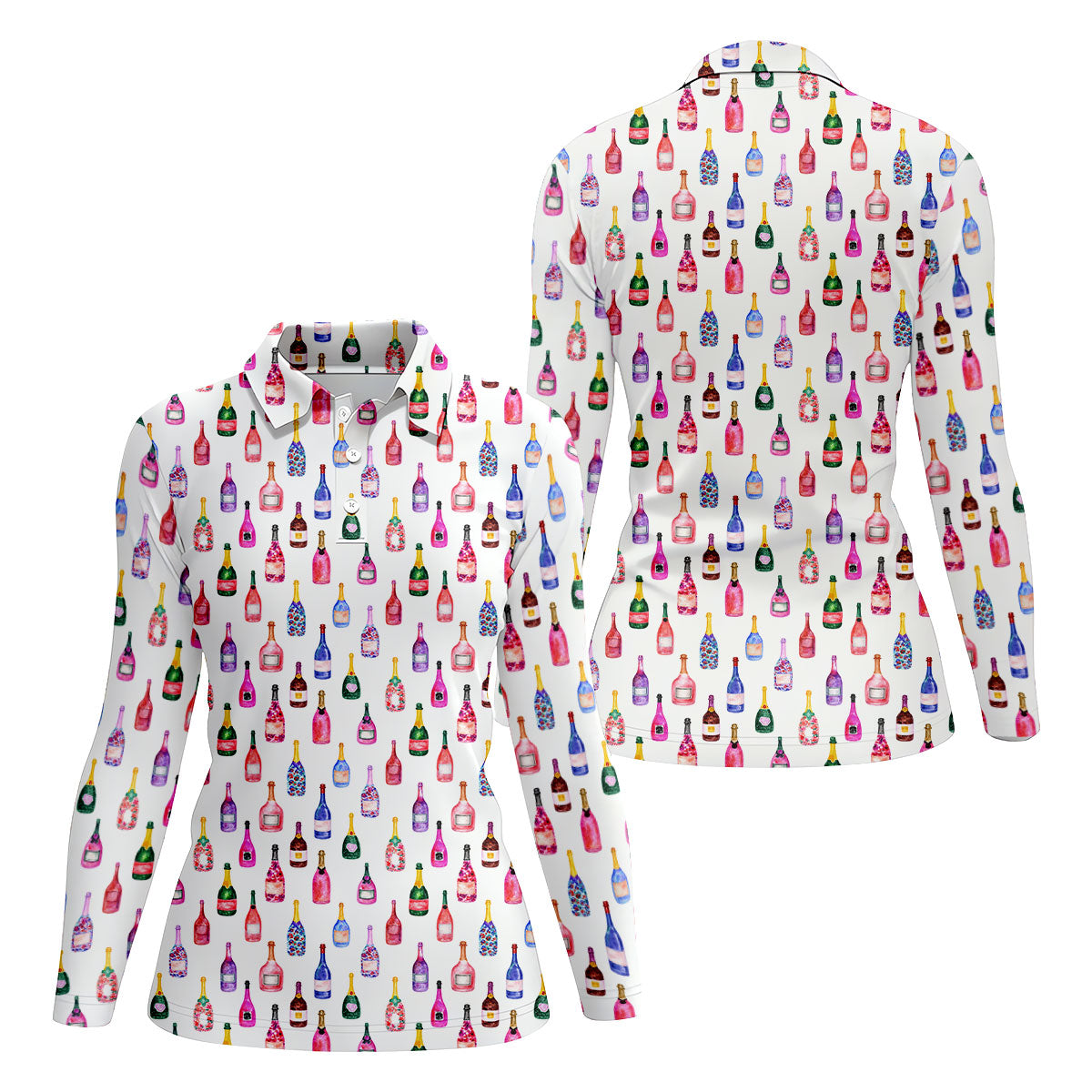 Champagne Bottles Seamless Pattern Watercolor Style Retro Golf Shirt, Ladies Golf Polos, Golf Shirt For Women
