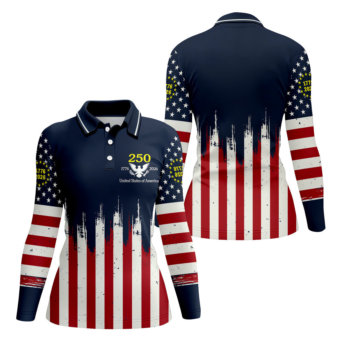 Splatter Painted American Flag Pattern Women's Golf Tops, 250th Anniversary Patriotic Golf Shirt