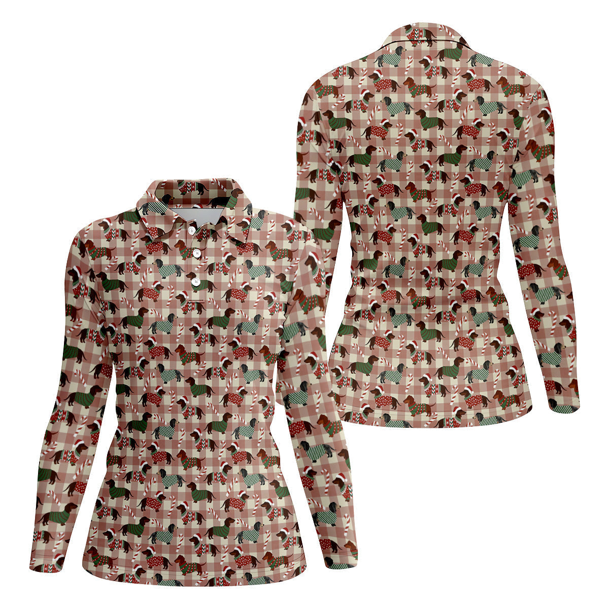 Christmas Dachshund Pink Checkered Women's Golf Tops, Christmas Golf Shirt, Ladies Golf Polos