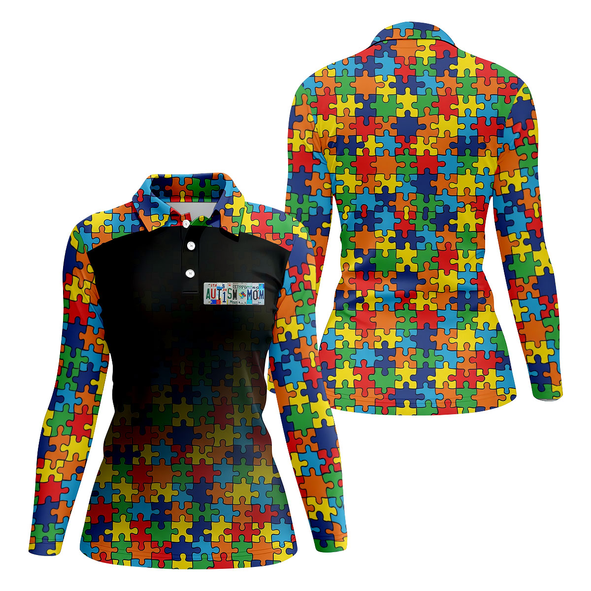 Autism Mom Colorful Puzzles Black Faded Women's Golf Tops, Golf Shirt For Women, Unique Mother's Day Gifts