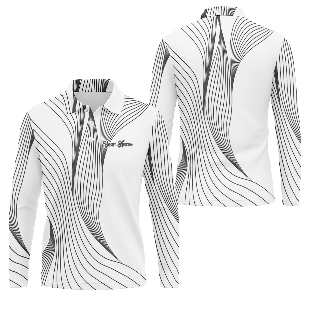 Geometric Line Wavy Line Black And White Custom Name Golf Shirts For Men, Men's Golf Shirt, Polo ShirtFor Men
