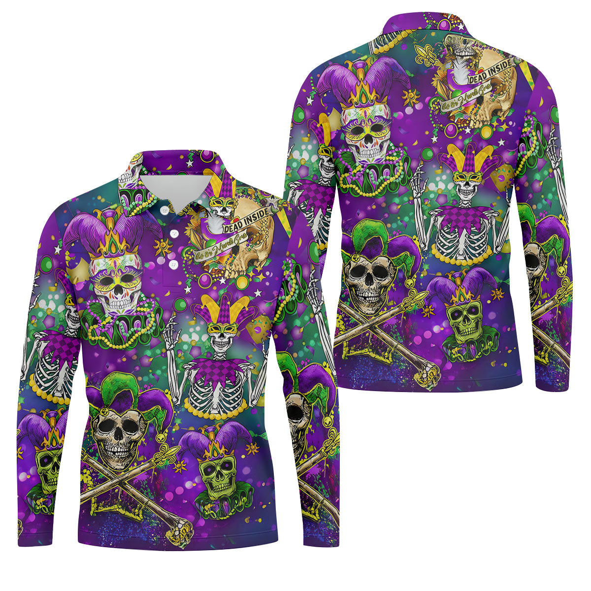 Dead Inside Mardi Gras Festival Skull Purple Green Gold Polo ShirtFor Men, Golf Shirts For Men