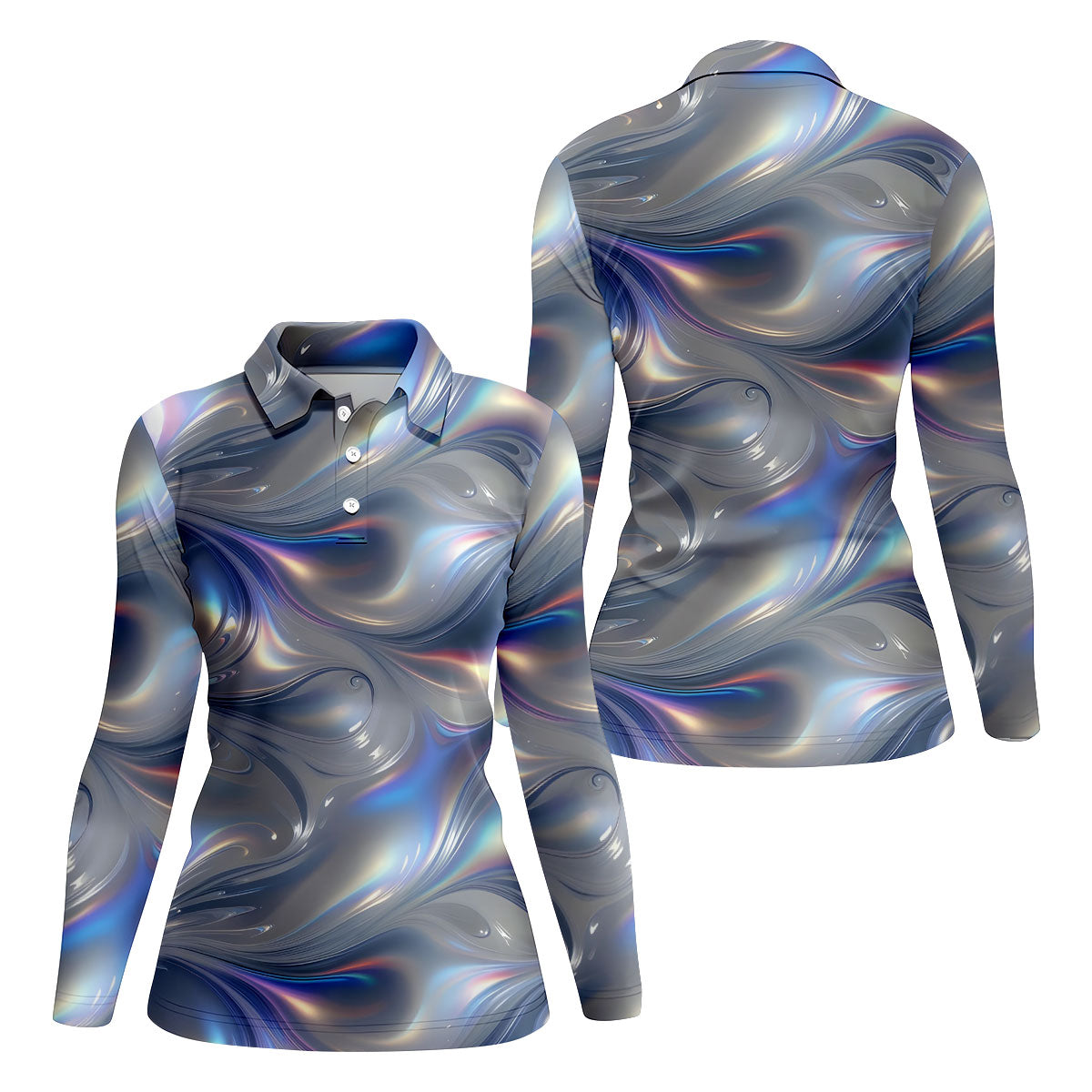 Silver Marble Golf Shirt, Futuristic Holographic Wave Pattern, Golf Shirt For Women
