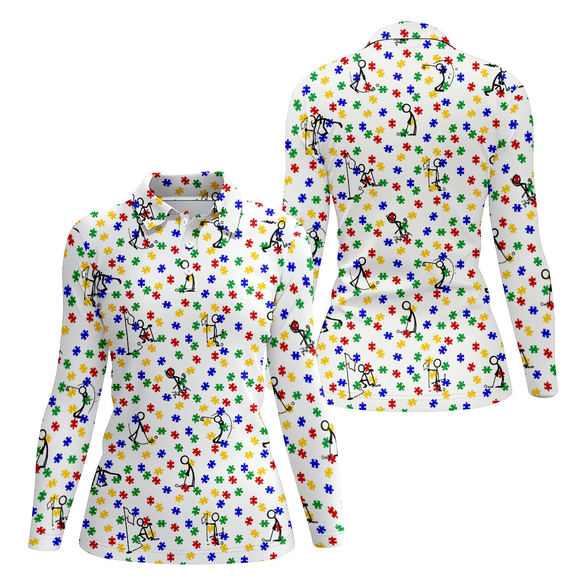 Funny Stick Figure Autism Puzzle Polo Shirts For Women, Autism Awareness Golf Shirt, Ladies Golf Shirt