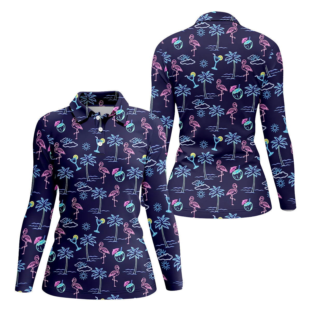 Neon Line Tropical Flamingo Hawaiian Golf Shirt, Golf Shirt For Women, Golfing Apparel