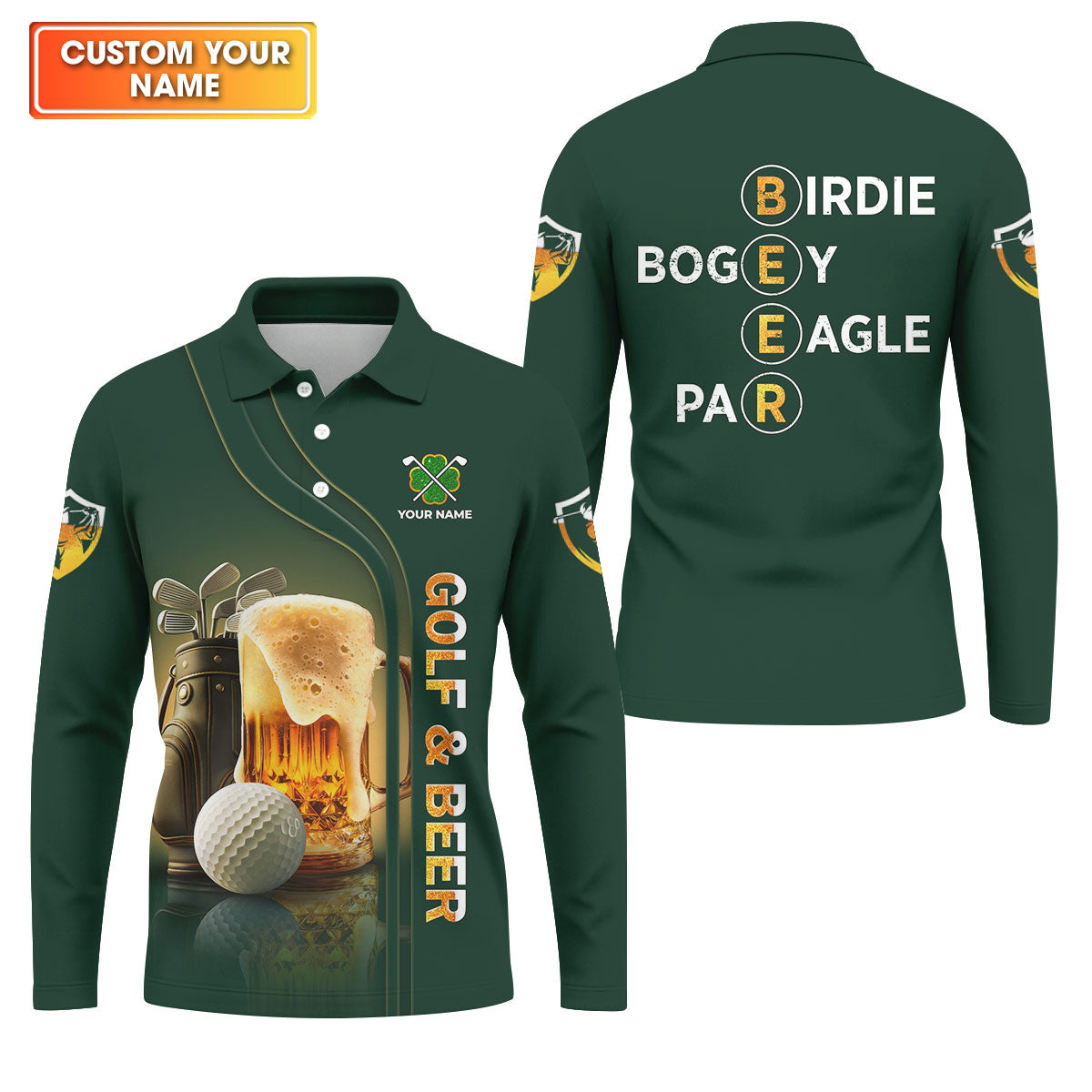 Golf Beer Birdie Bogey Eagle Par St Patrick's Day Green Golf Polos For Men, Golf Shirts For Men, St Patricks Day Golf Shirt