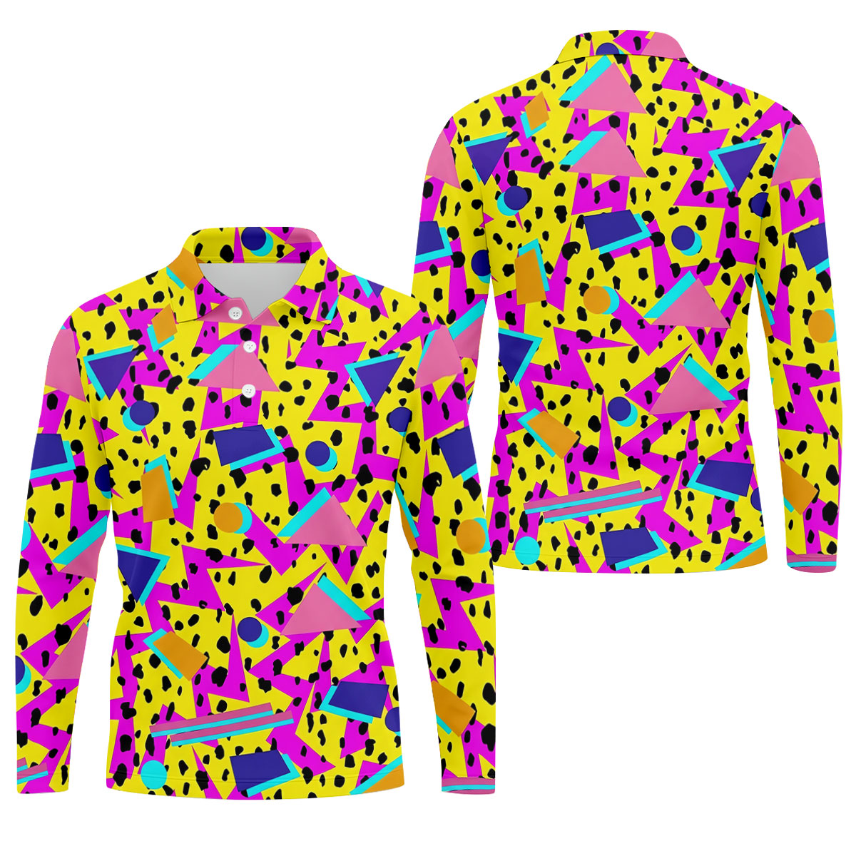 Retro Neon Geometric Shapes Yellow Golf Shirt, Golf Shirts For Men, Mens Golf Apparel, Polo Shirts For Men