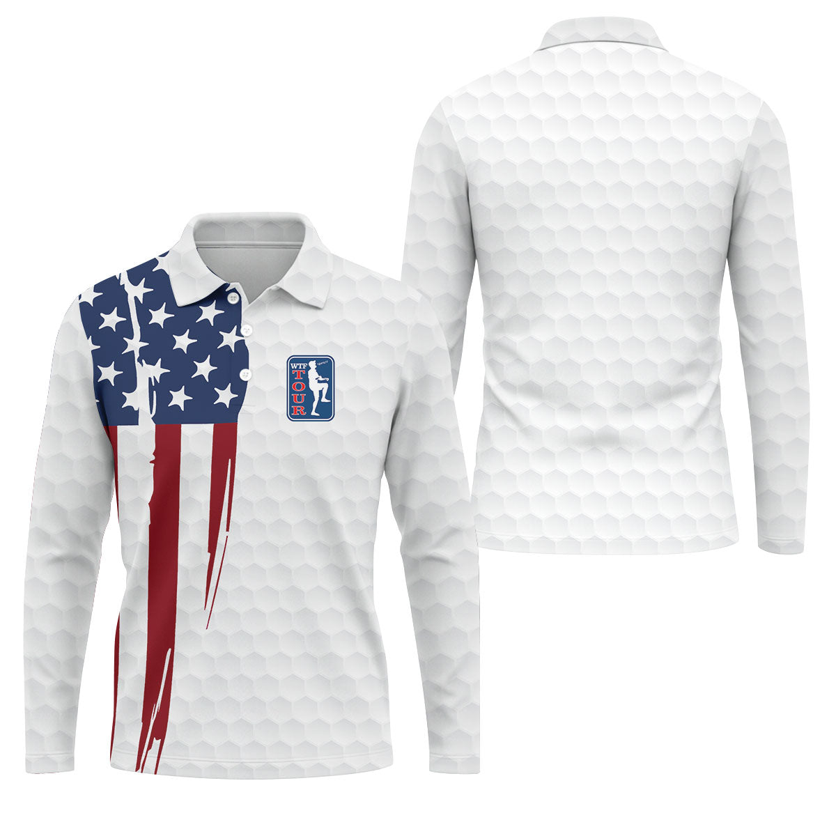Golf Ball Pattern WTF Tour US Flag 4th Of July Patriotic Golf Shirt, 250th Anniversary Polo ShirtFor Men