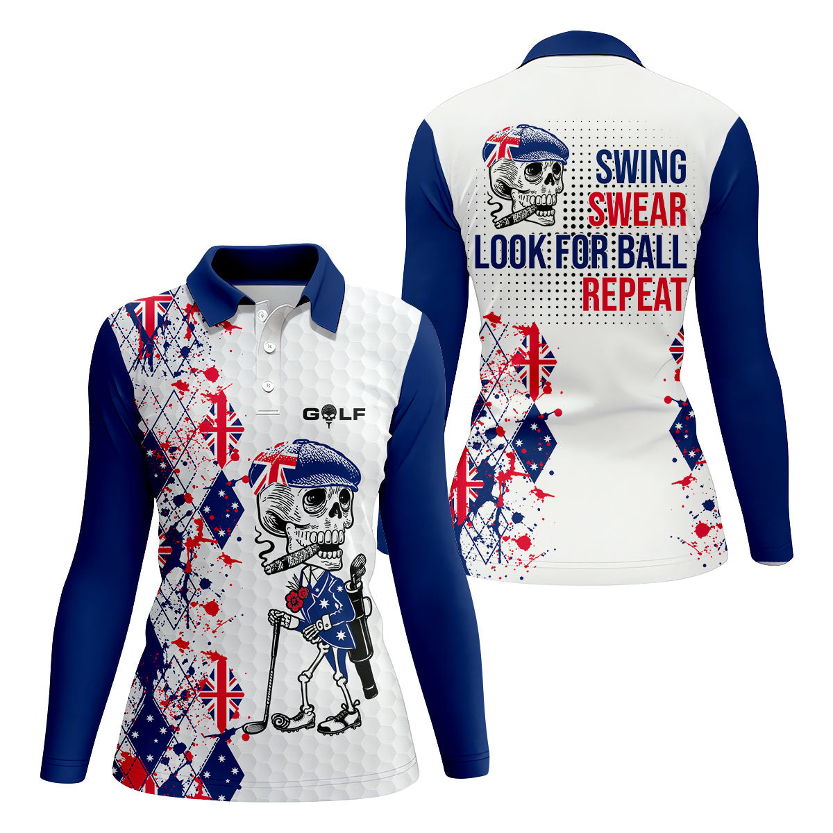 Swing Swear Look For Ball Repeat Australia Flag Print Skeleton Golfer Argyle Golf Shirt, Women's Golf Tops