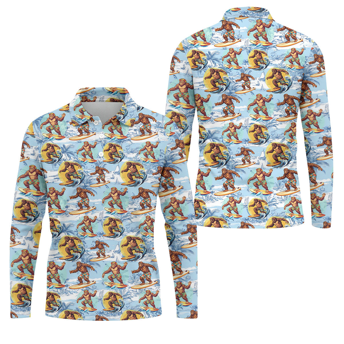 Surfing Bigfoot Hawaiian Golf Shirt, Mens Golf Shirts, Golf Apparel For Men