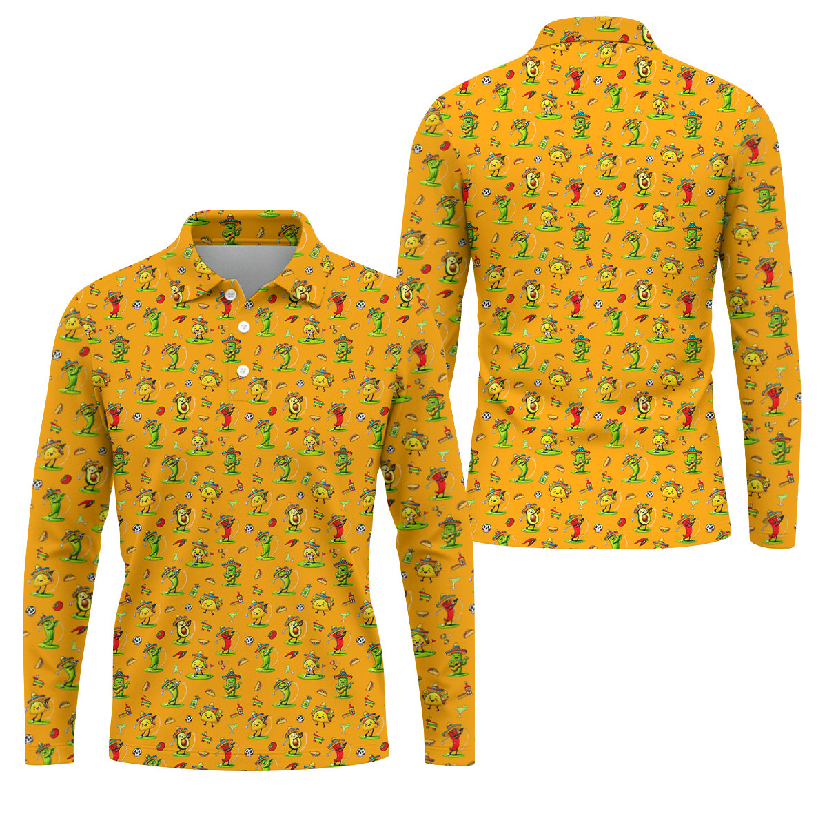 Mexican Cartoon Food Characters Cinco De Mayo Celebration Fiesta Themed Yellow Golf Shirts For Men