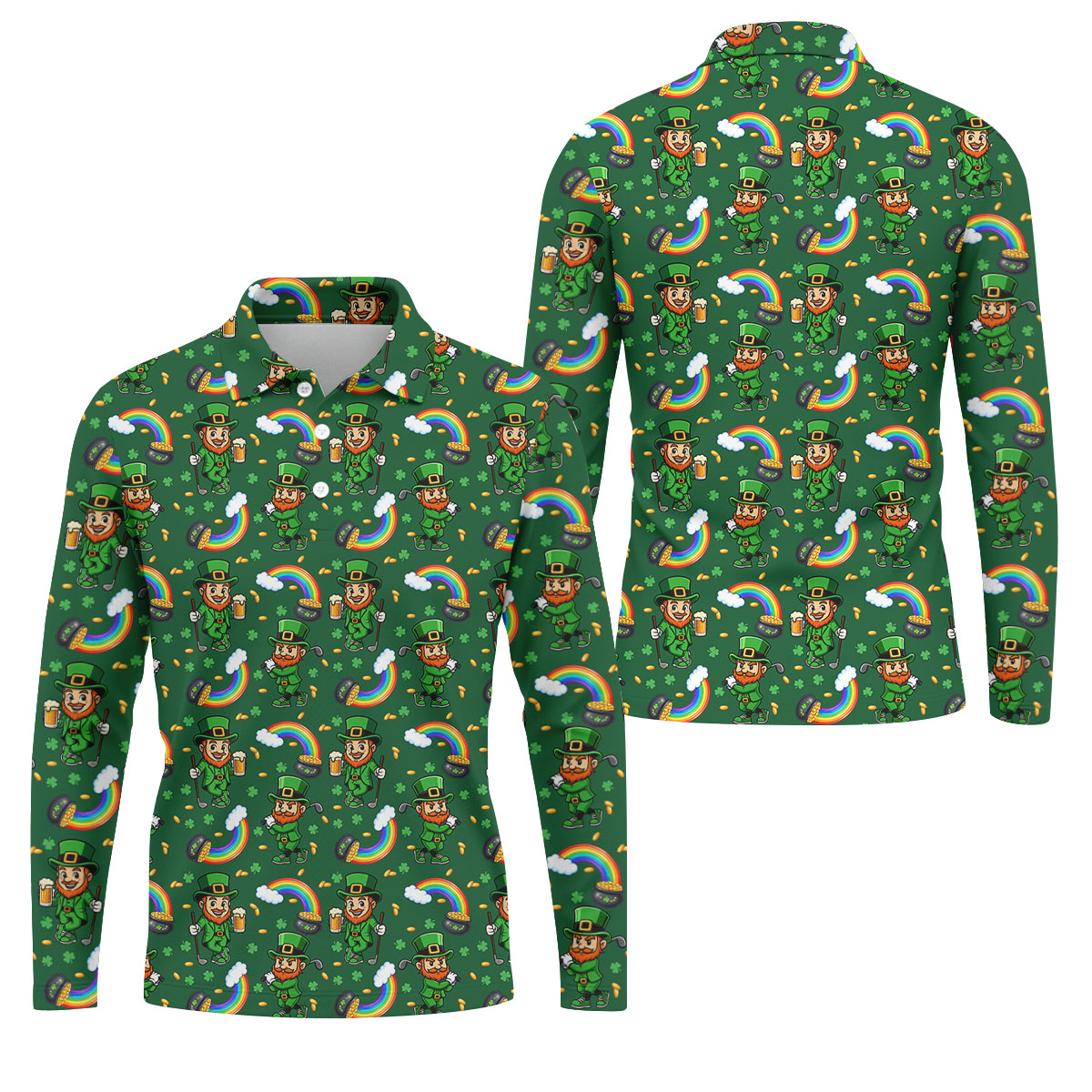 St Patrick's Day Leprechaun Golf Pose Rainbow Gold Pot Shamrock Golf Shirt, Golf Tops For Men, Golf Shirts For Men
