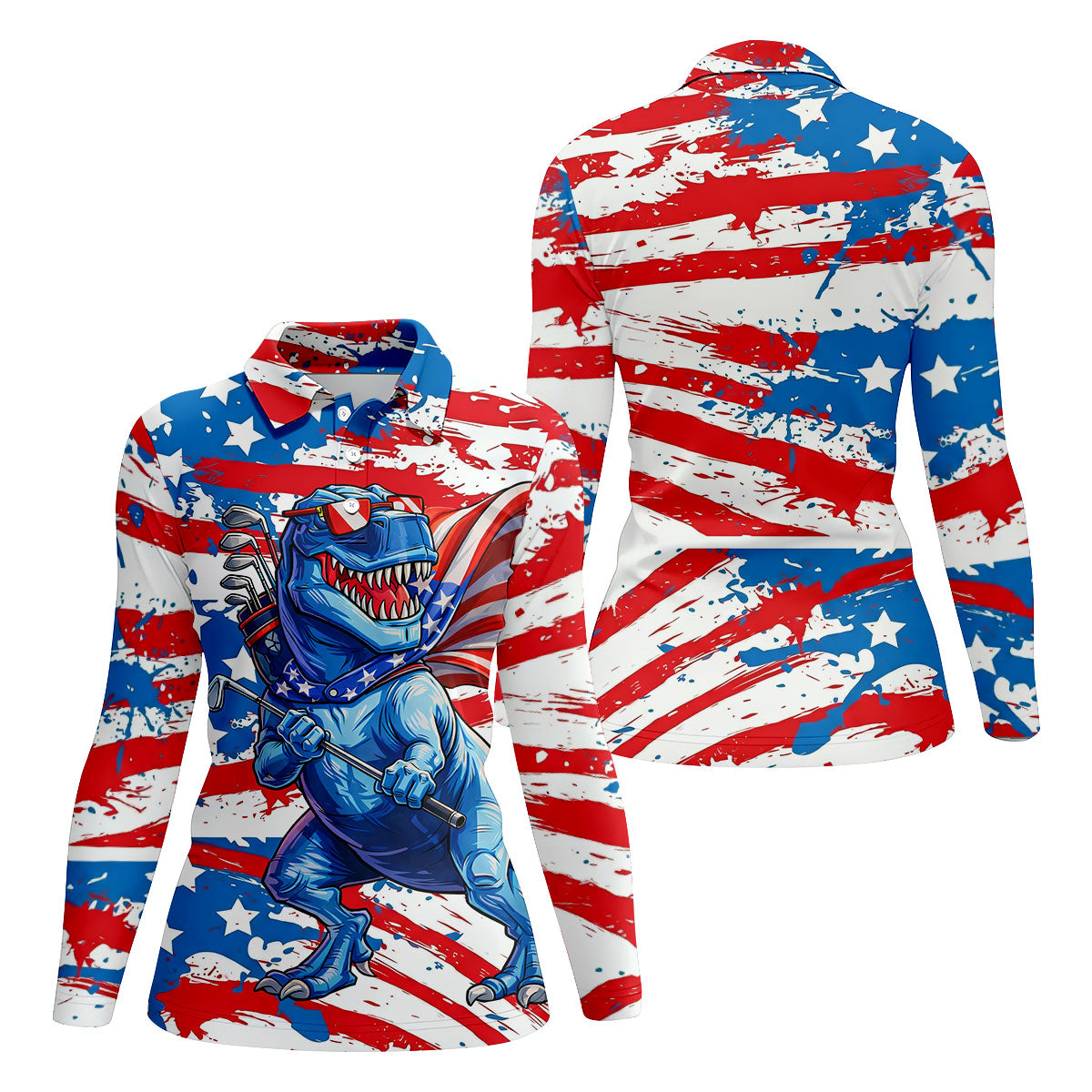 Funny Dinosaur USA Flag Print 250 Years Anniversary Golf Shirt For Women, 4th Of July Patriotic Golf Shirt
