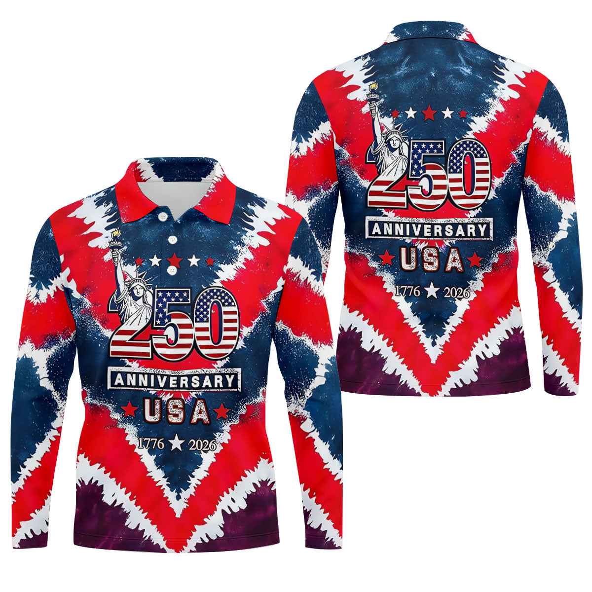 250th Anniversary Red White Blue Tie Dye Print Patriotic Golf Shirt, 4th Of July Golf Shirts For Men