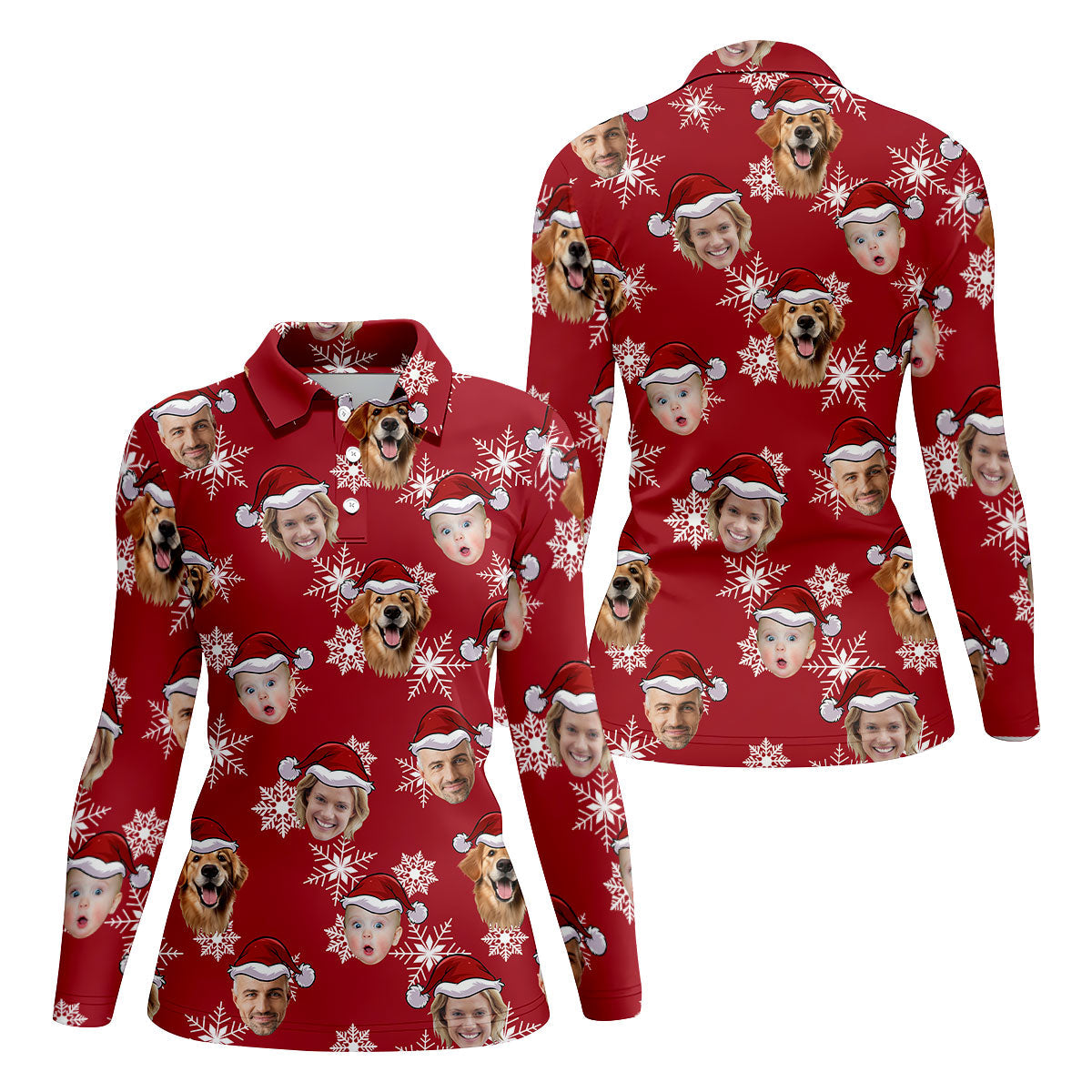Custom Face Dark Red And White Christmas Women's Golf Tops, Ladies Golf Shirts, Christmas Golf Gift