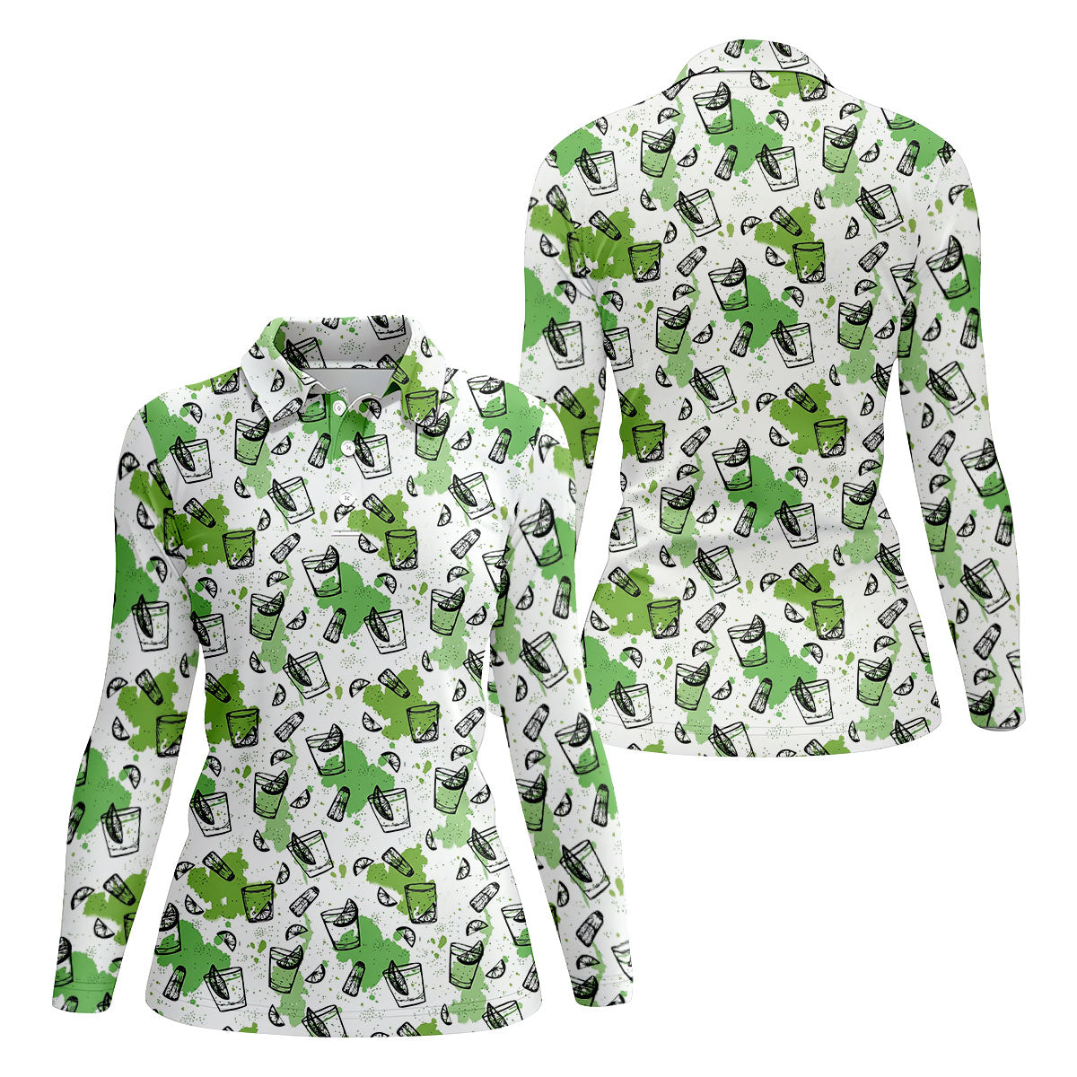 Green Cocktail Splash Pattern Golf Shirt, Ladies Golf Top, Hawaiian Golf Shirt, Women’s Golf Apparel