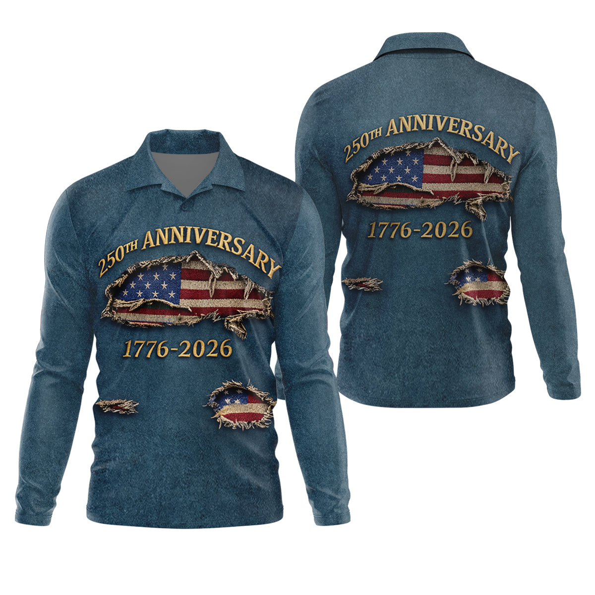Patriotic American Flag 250th Anniversary Blue Denim Color Ripped Effect Golf Shirts For Men, Polo ShirtFor Men