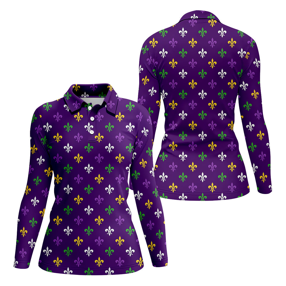 Purple Green Gold Fleur De Lis Pattern Purple Golf Shirt, Mardi Gras Golf Shirt, Golf Shirt For Women