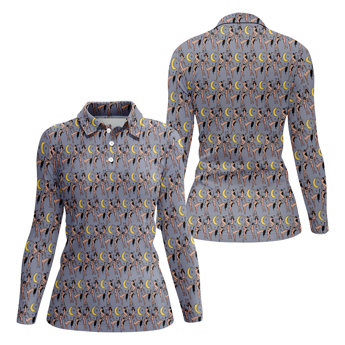 Dancing Figures Moon And Stars Pattern Polo Shirt, Womens Golf Tops, Golf Shirts For Women