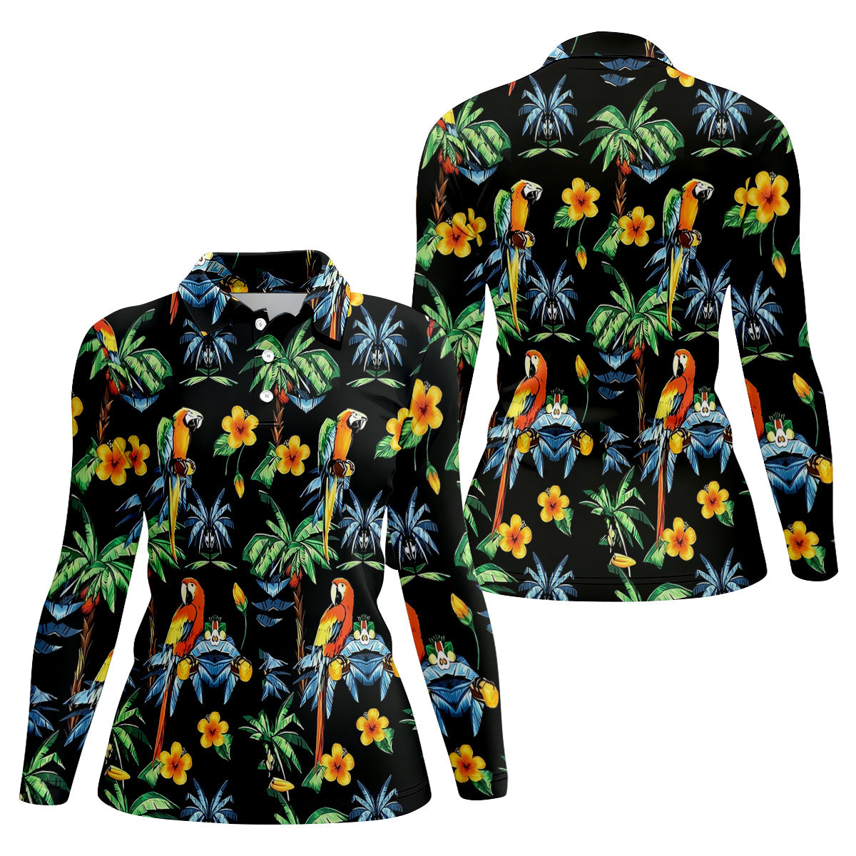 Black Tropical Parrot Palm Flower Pattern Golf Shirt, Women’s Golf Polo, Ladies Golf Shirts, Golf Tops For Women