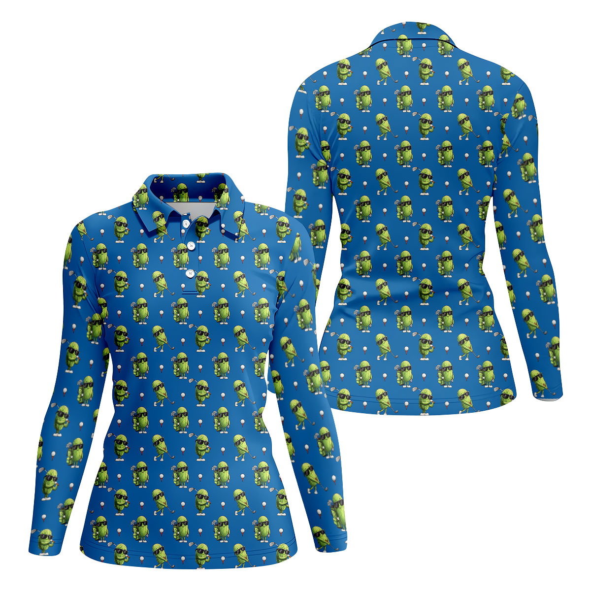 Cartoon Cactus Golfer Blue Golf Shirt, Women’s Golf Polo, Golf Tops For Women, Printed Golf Shirt