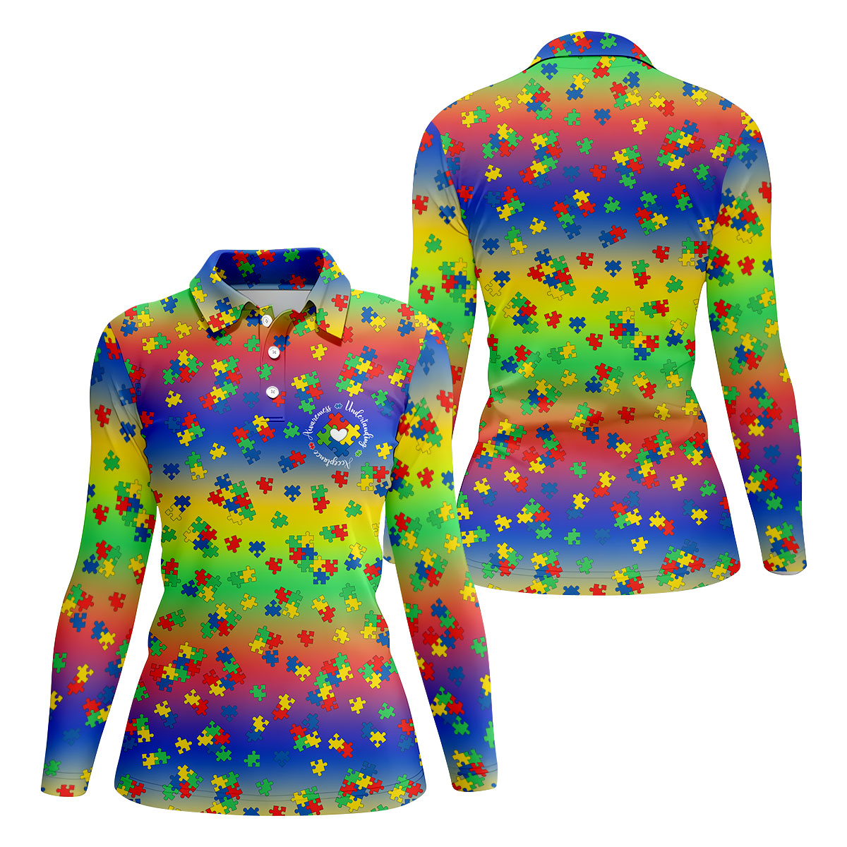 Acceptance Awareness Understanding Autism Puzzle Rainbow Gradient Women's Golf Shirts, Ladies Golf Polos