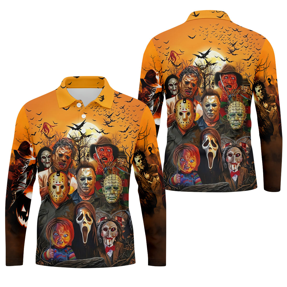 Halloween Horror Character Sunset Hawaiian Golf Shirt, Men's Golf Shirt, Printed Golf Shirts