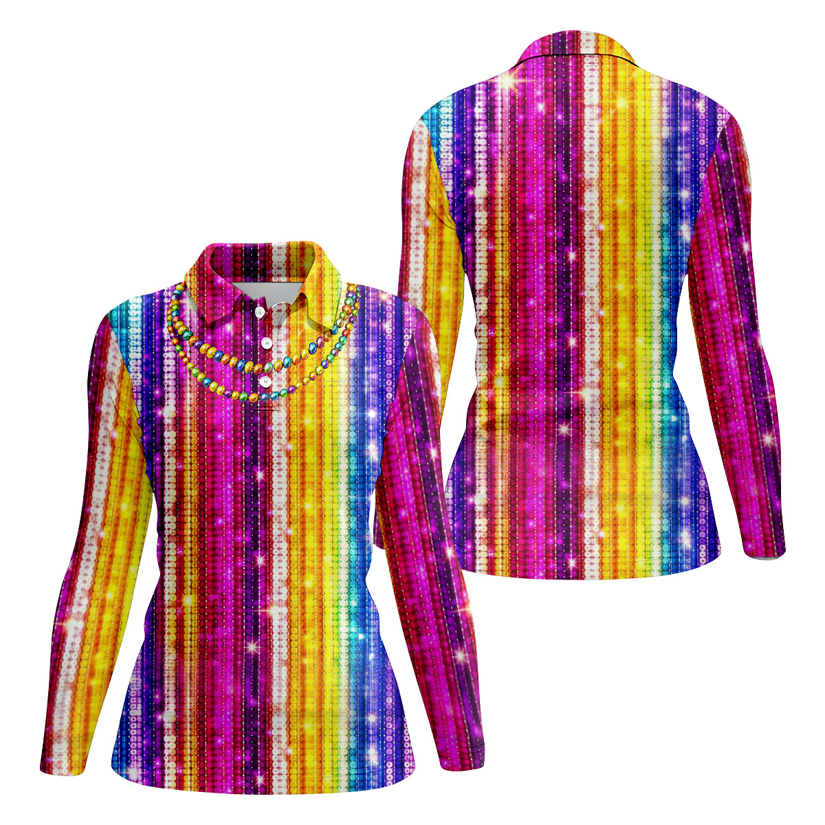 Mardi Gras Sequinned Glitter Print Women's Golf Shirts, Ladies Golf Polos, Golf Shirt For Women