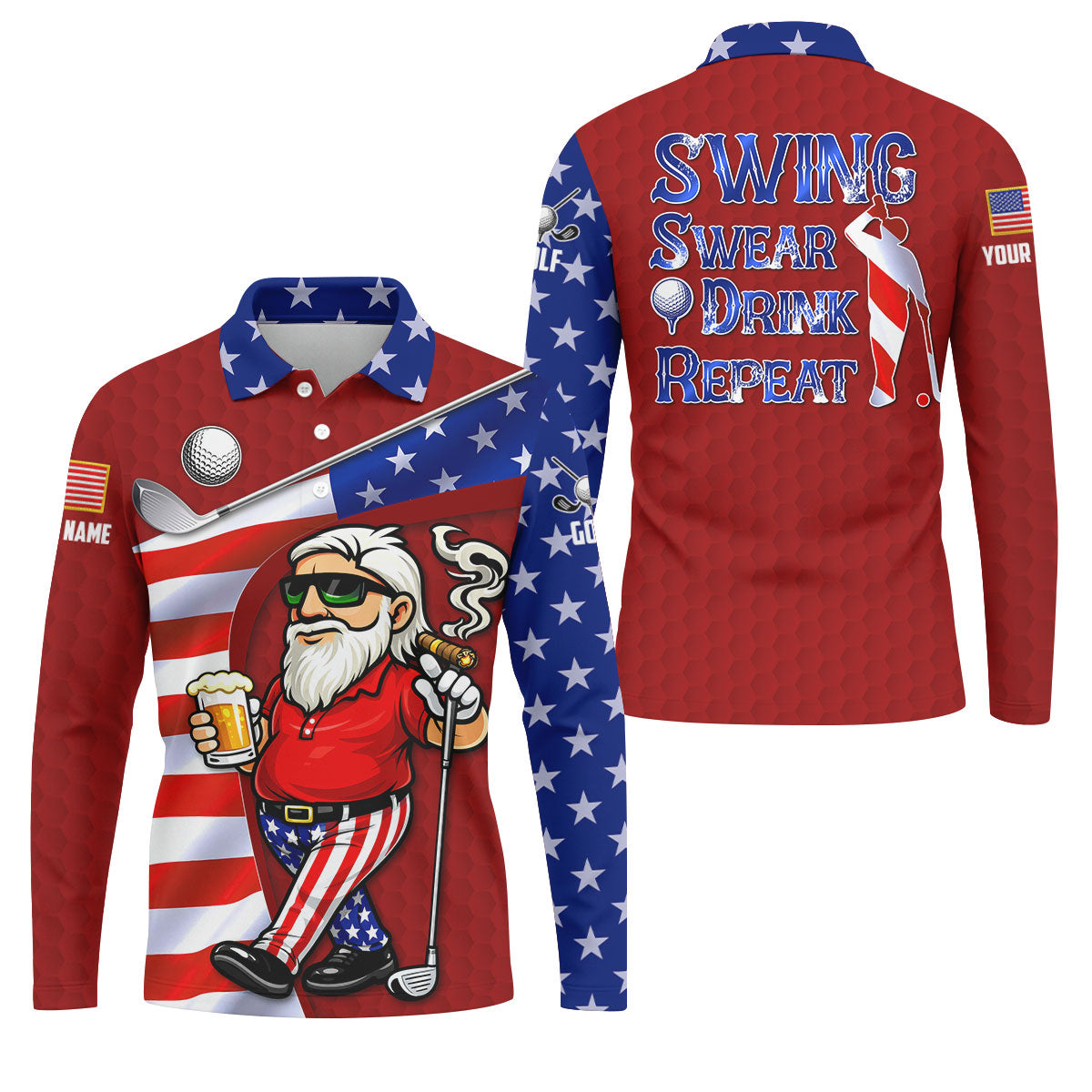 Swing Swear Drink Repeat Golf And Beer Patriotic Man 4th Of July Red Golf Shirt, 250 Years Golf Shirts For Men